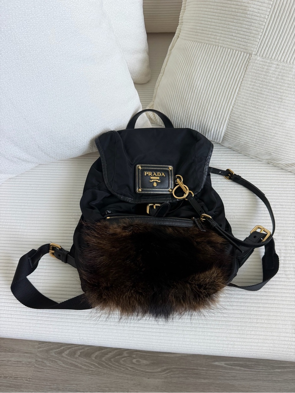 Prada Black Nylon Backpack with Brown Fur Pocket and Gold Hardware
